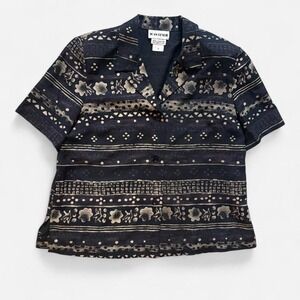 Joan Leslie 90s Button Up Shirt Camp Collar Boho Batik-like Print‎ Women's L